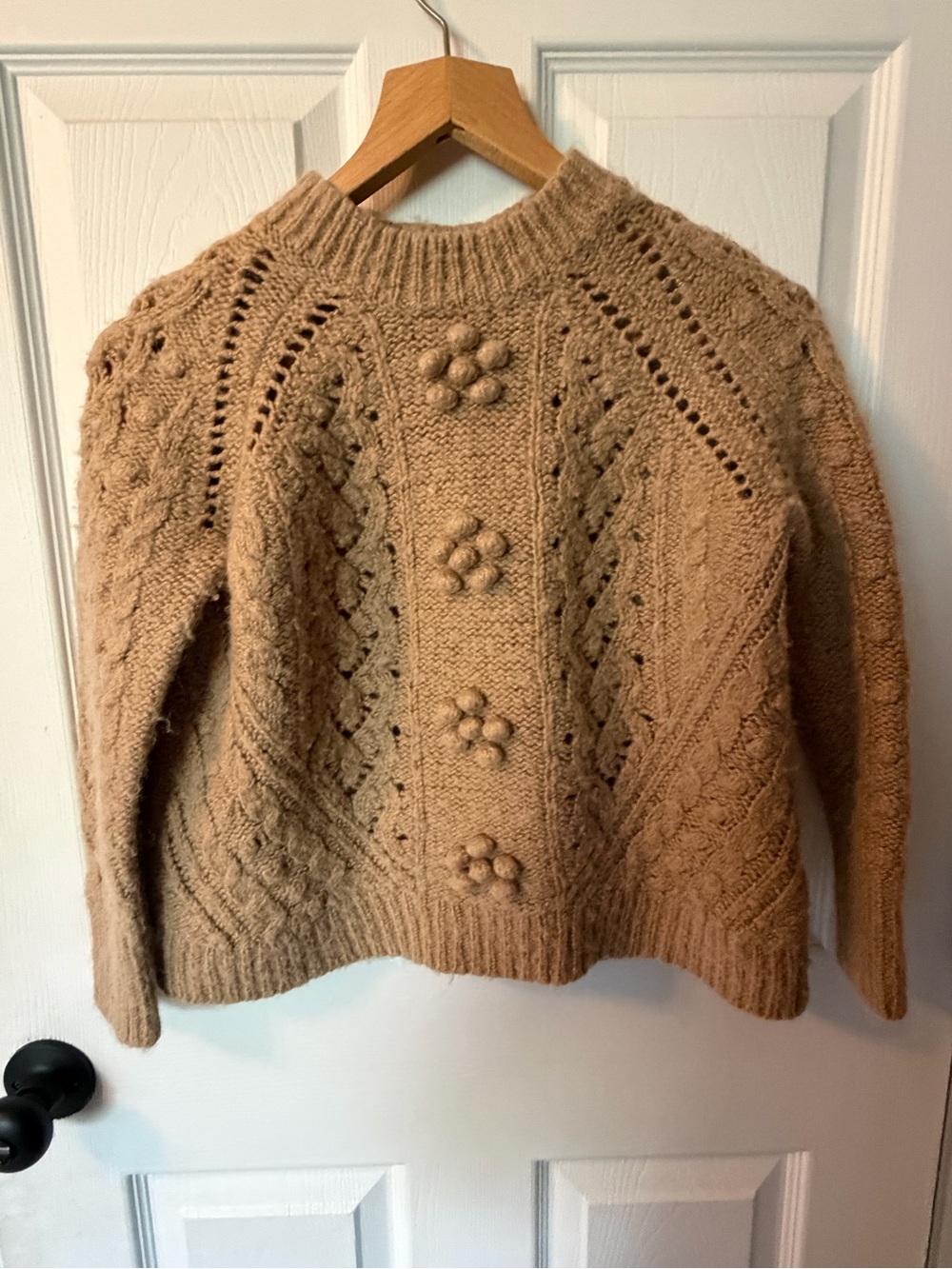 J.Crew Pointelle Pom-Pom Alpaca Blend Cable Knit Sweater Camel XS